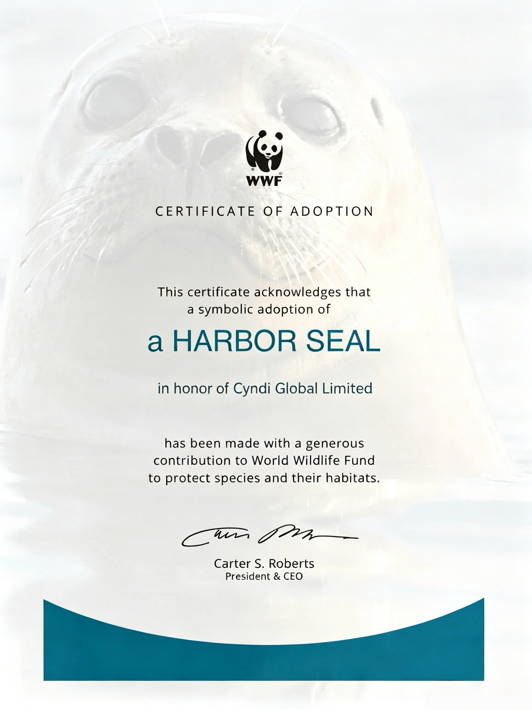 WWF Harbor Seal Adoption Certificate